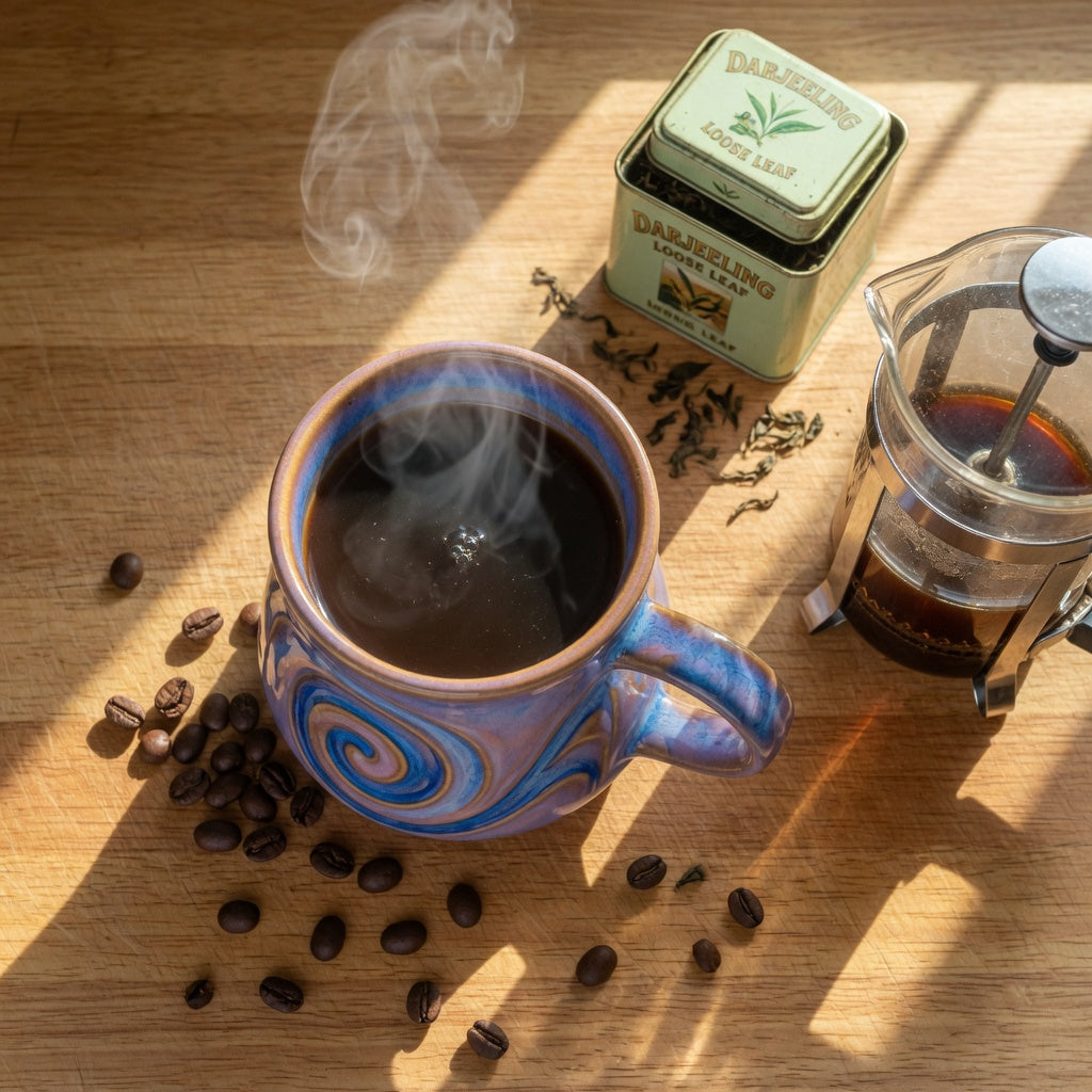 Flow coffee tea mug for coffee lovers filled with fresh coffee on a kitchen counter beside a french press and a tea tin