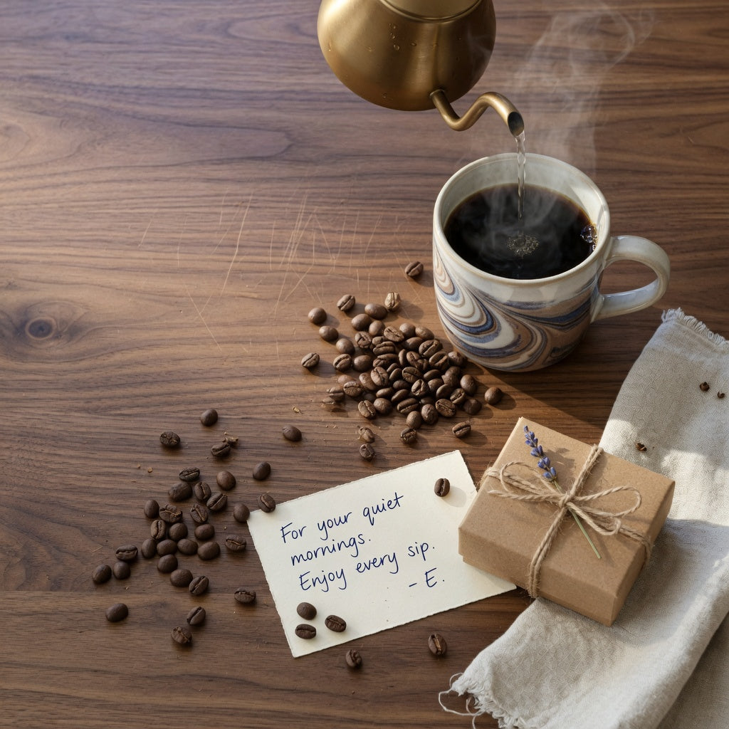 Flow coffee tea mug gift for coffee lovers filled with black coffee beside a gooseneck kettle, coffee beans, and a kraft gift box on a kitchen counter