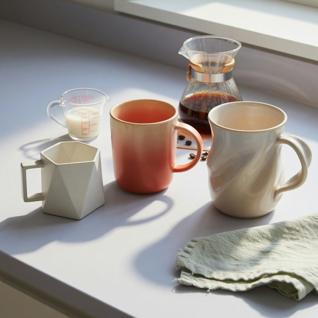 Geometric abstract coffee mug comparison with a compact geometric form, color-transition finish, and sculptural curves