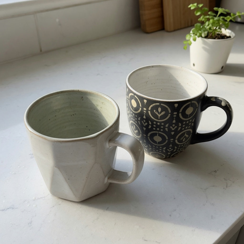 Geometric ceramic mug with visible faceted sides, rim, handle, and interior on a kitchen counter