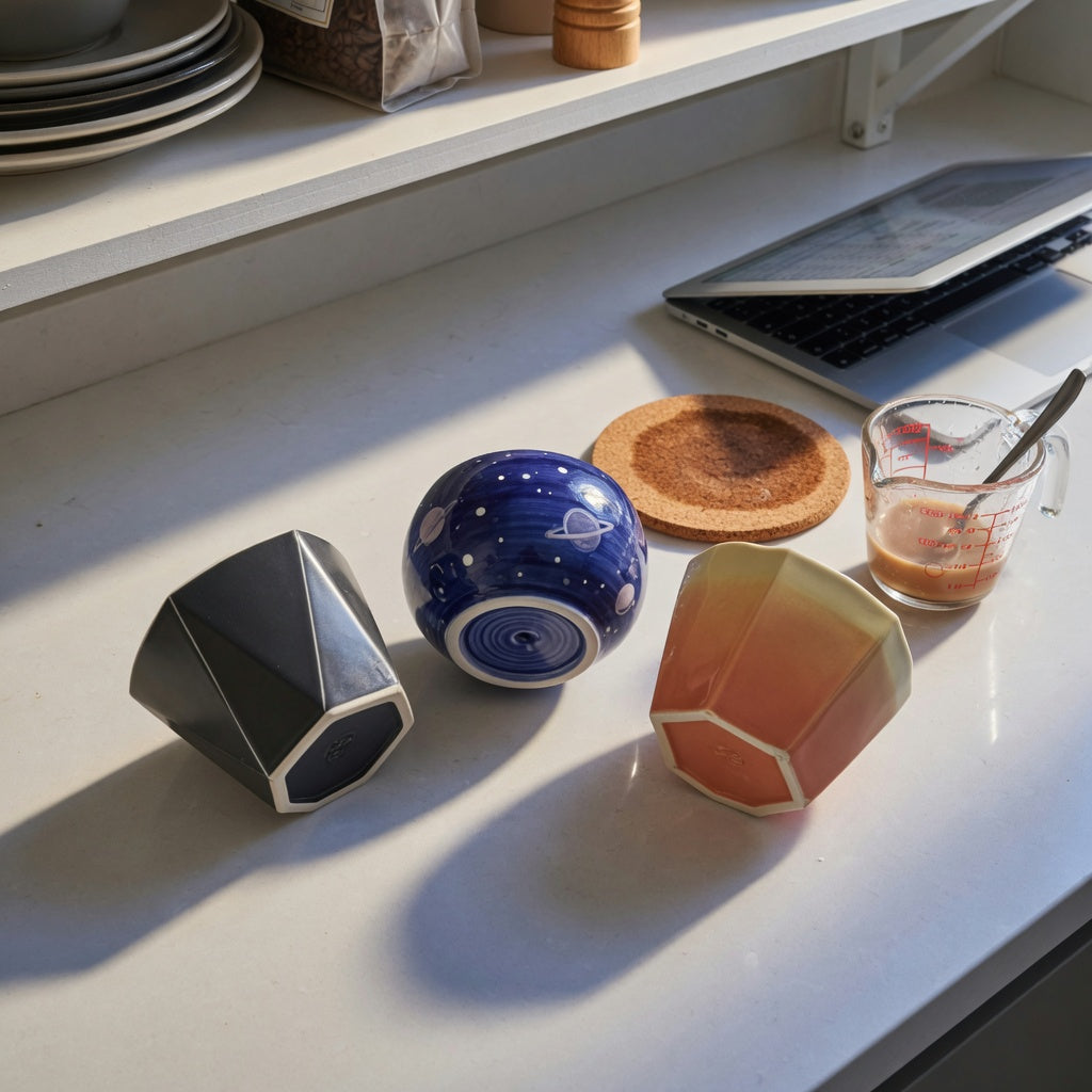 Workspace comparison illustrating geometric coffee mug buying priorities with 12 oz and 14 oz ceramic shapes