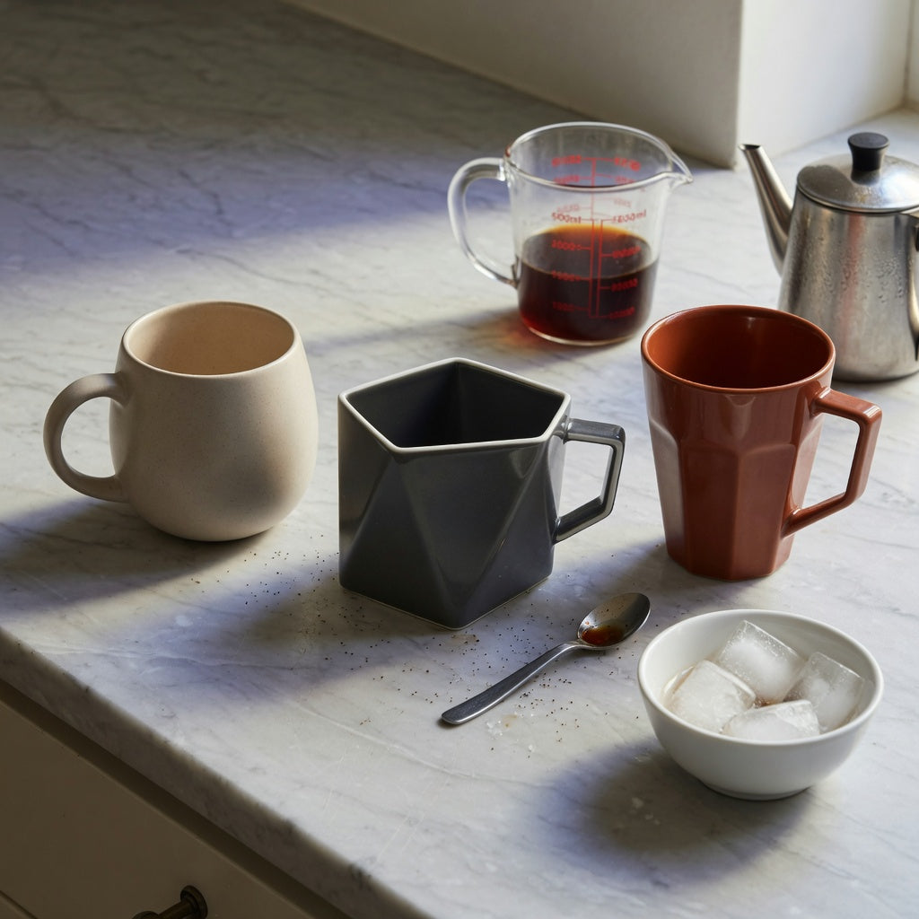 Geometric coffee mug capacity guide showing 350 ml Planet, 400 ml Rhombus, and 450 ml Gradient ceramic mugs