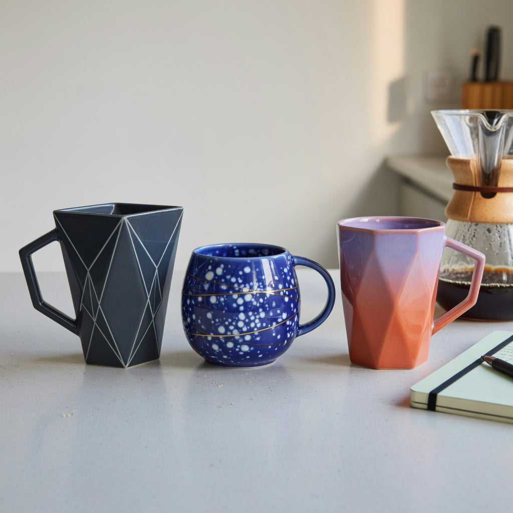 geometric coffee mug comparison showing the Rhombus, Planet, and Gradient glazed ceramic mugs side by side