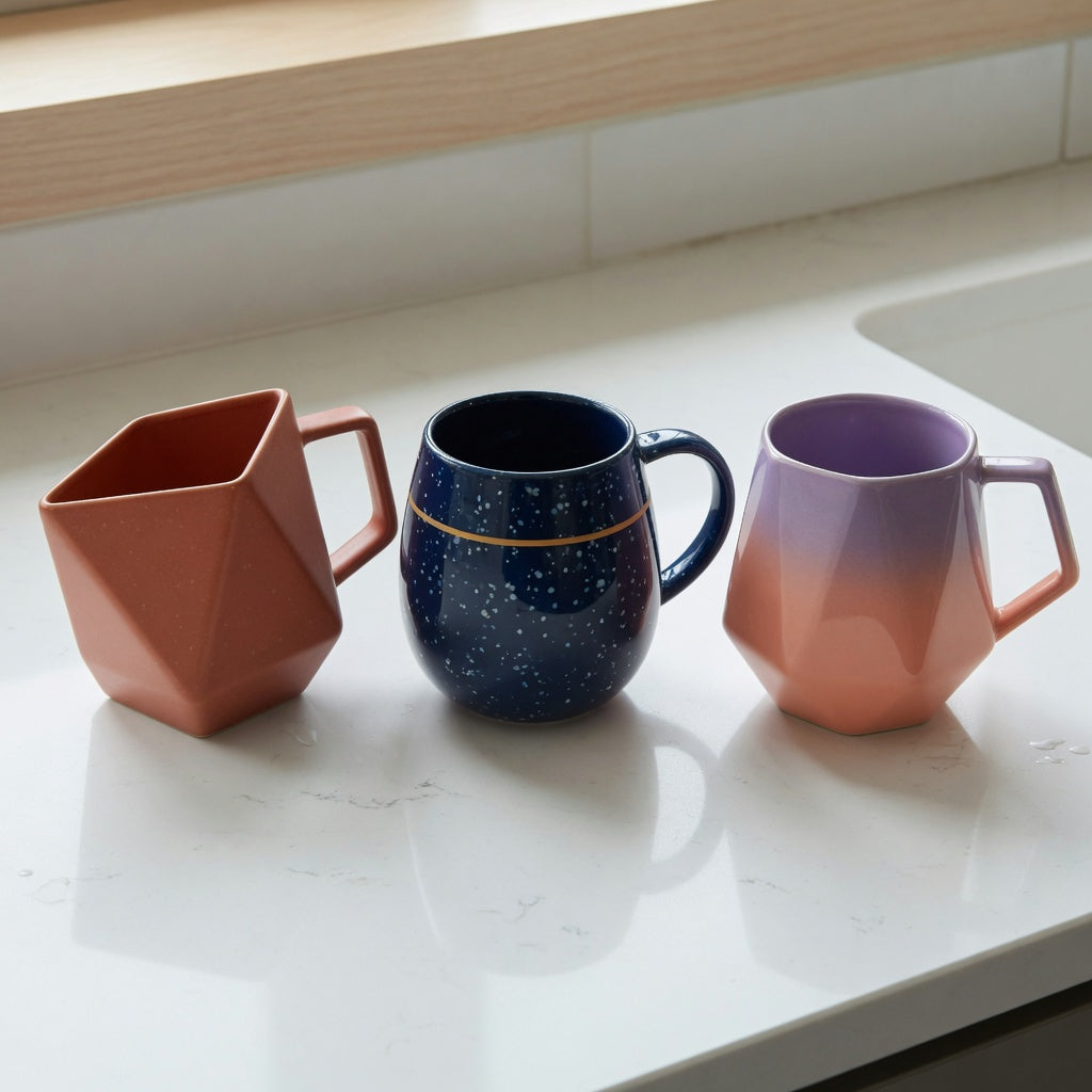 Geometric coffee mug current product facts comparison showing Rhombus, Planet, and Gradient ceramic mug shapes