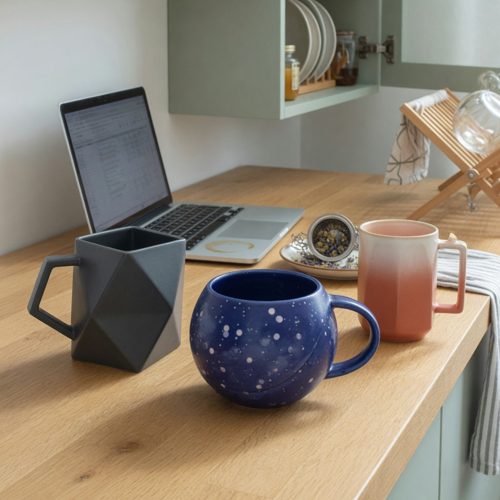 Geometric coffee mug daily use guide comparison of three ceramic mugs on a kitchen counter beside a laptop