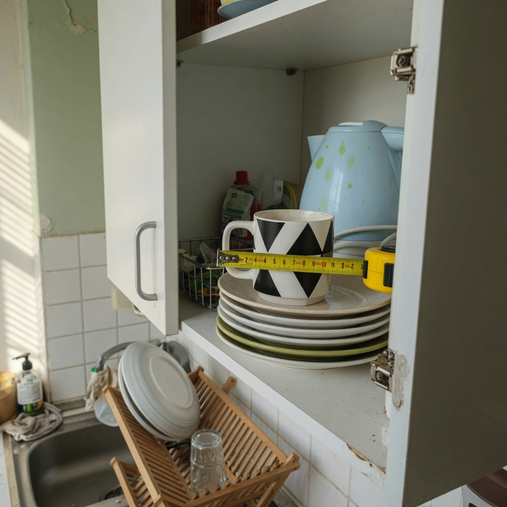 Geometric coffee mug compact kitchen practical purchase checklist with a mug measured inside a narrow cabinet