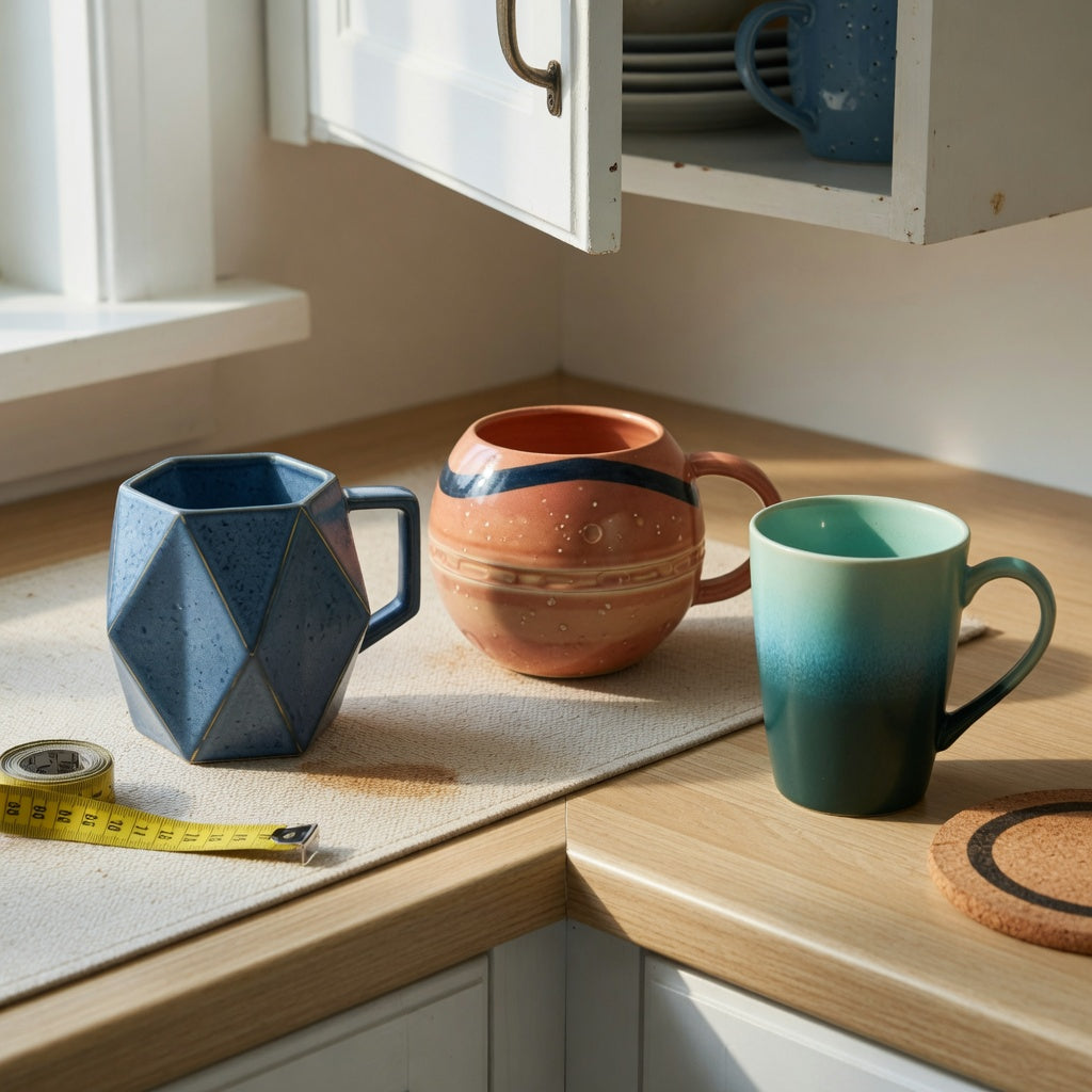 geometric coffee mug everyday mug rotation product shortlist guide showing Rhombus, Planet, and Gradient mugs on a kitchen counter