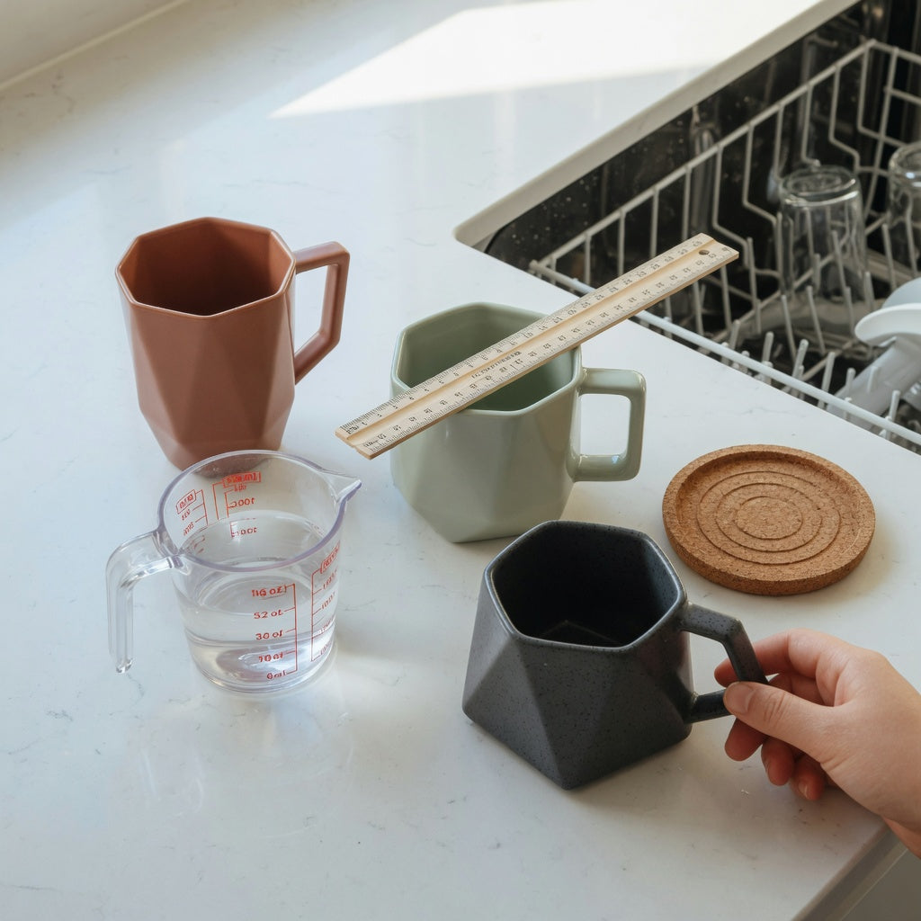 A geometric coffee mug first time buyer practical purchase checklist setup with three mugs, a measuring jug, ruler, coaster, and dishwasher rack