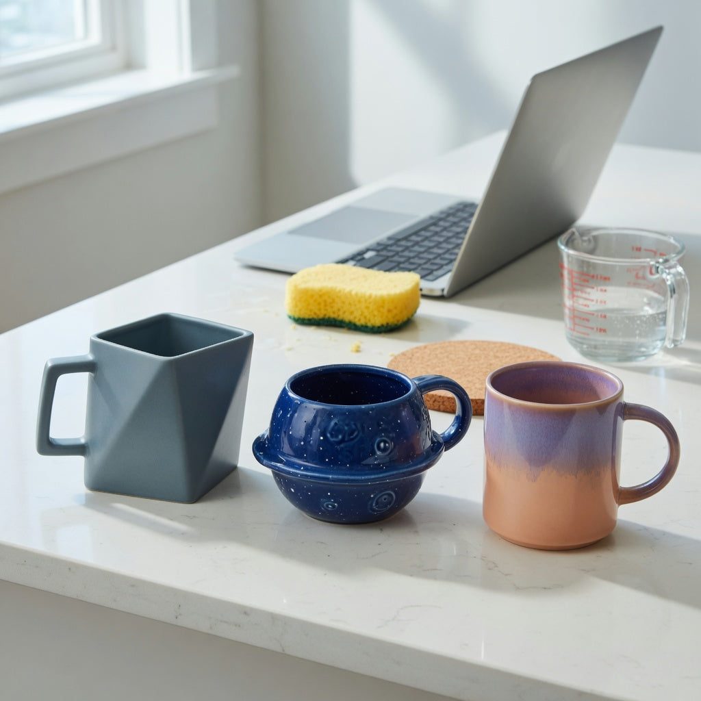 Rhombus, Planet, and Gradient ceramic mugs shown side by side for a geometric coffee mug first time buyer product shortlist guide