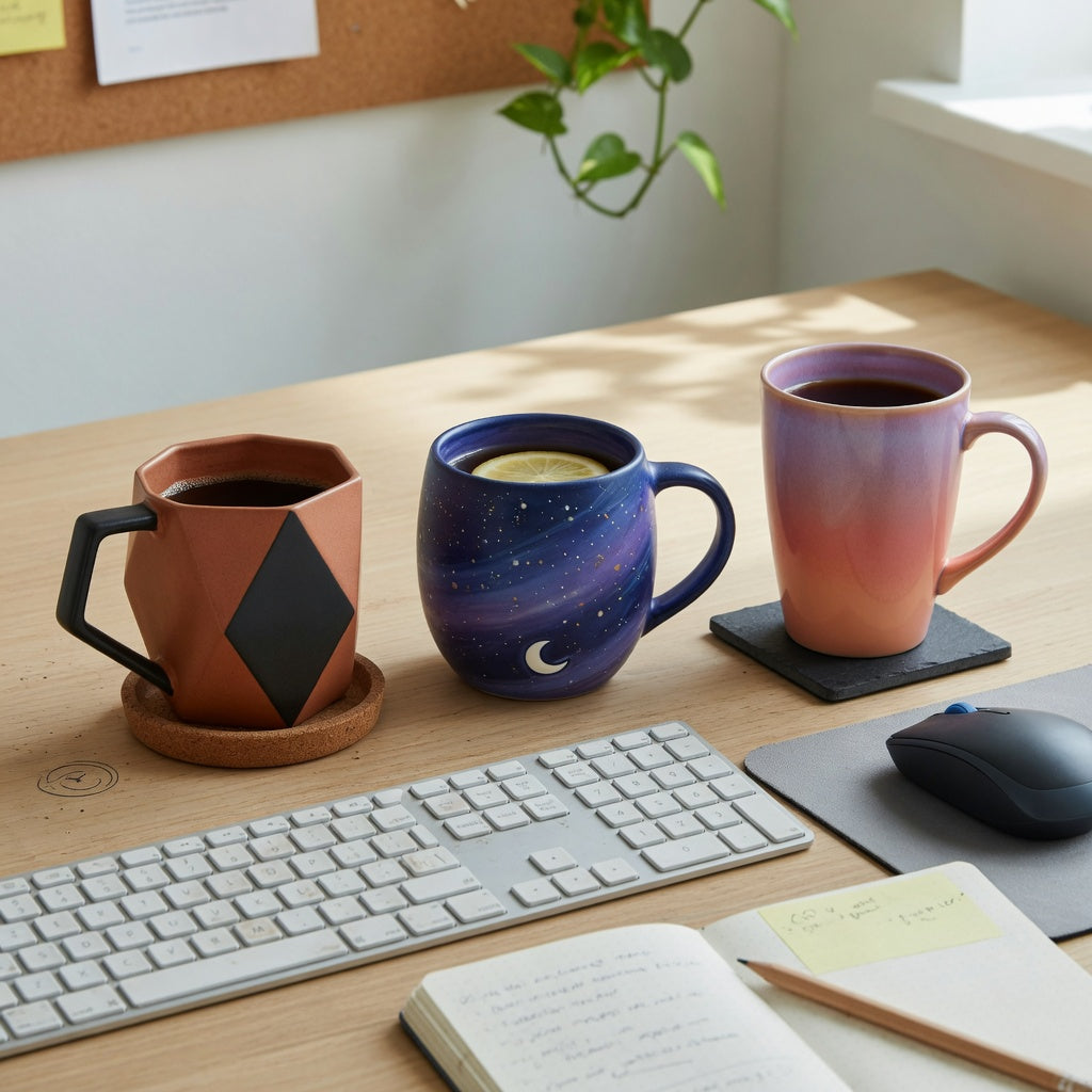 Desk scene for the geometric coffee mug home office product shortlist guide, with Rhombus, Planet, and Gradient ceramic mugs