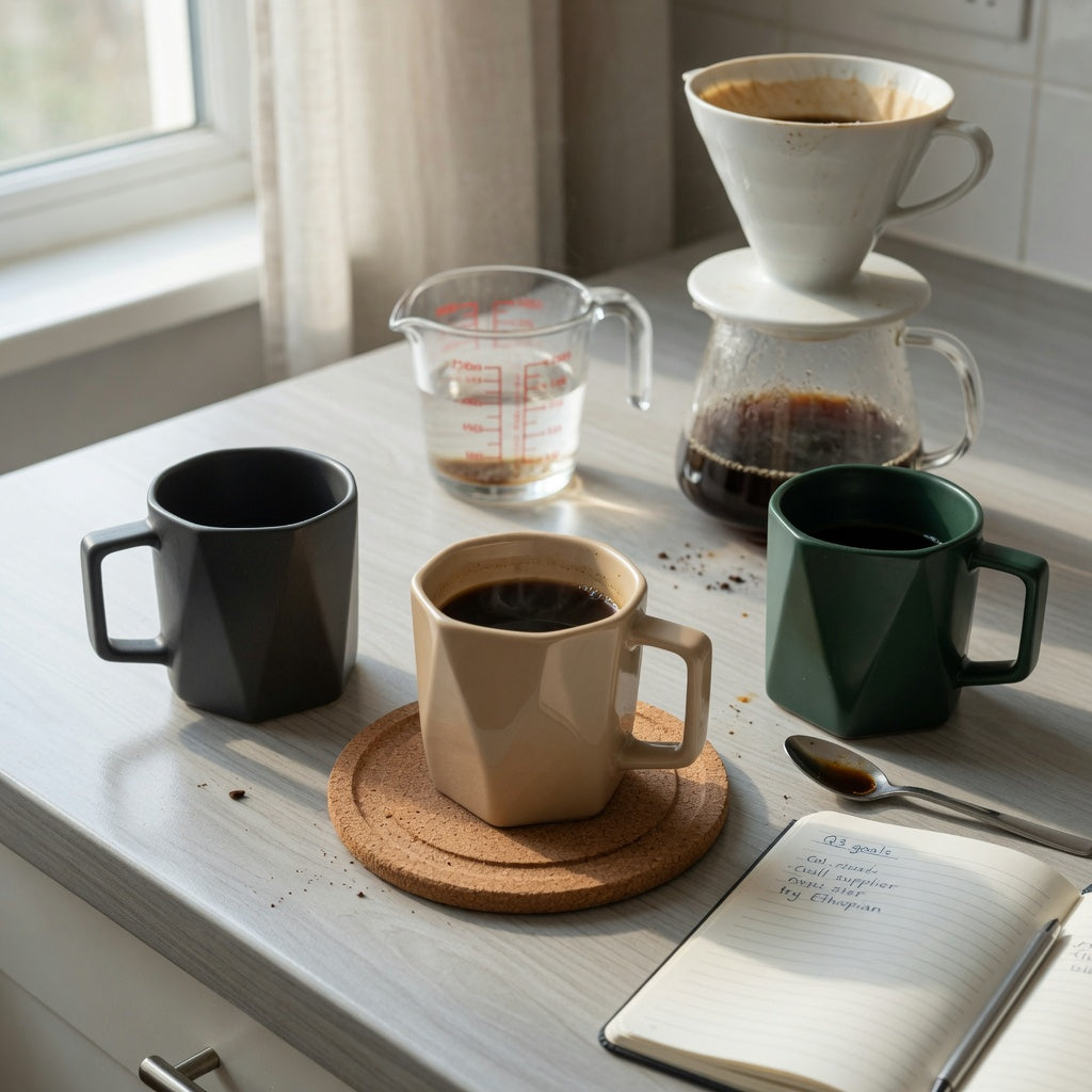 geometric coffee mug morning routine practical purchase checklist with three mugs, a measuring cup, brewer, coaster, and notebook