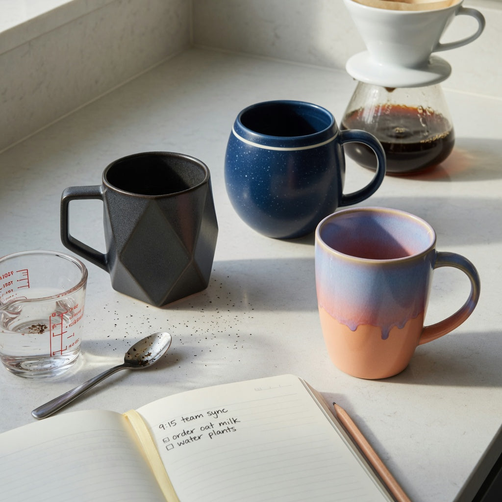 Geometric coffee mug morning routine product shortlist guide showing Rhombus, Planet, and Gradient ceramic mugs on a morning kitchen counter