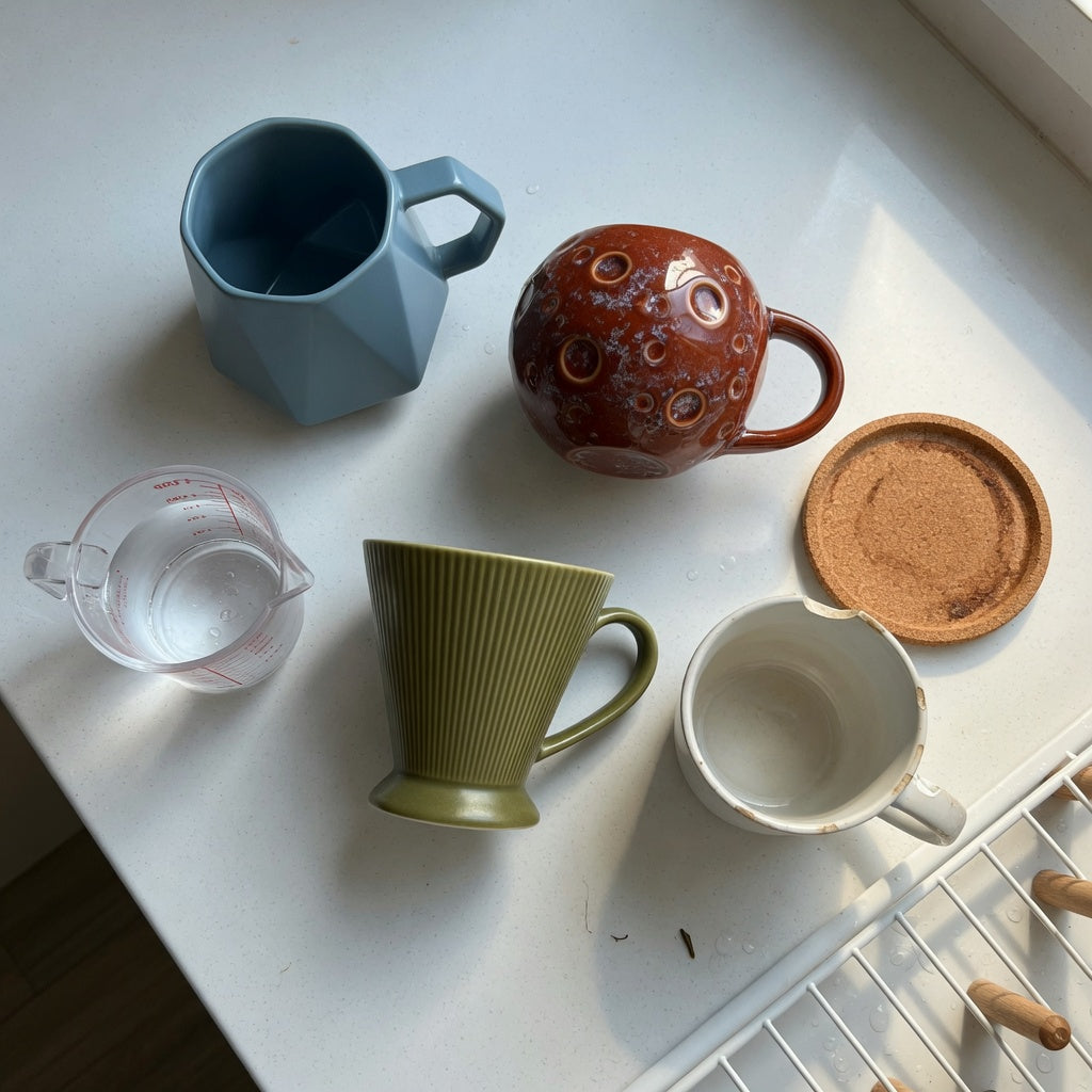 geometric coffee mug replacement purchase product shortlist guide with Rhombus, Planet, and Gradient forms beside a chipped mug