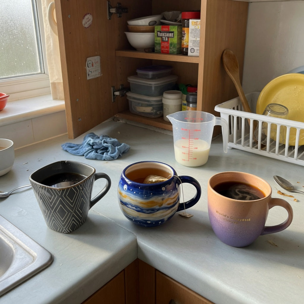 Geometric coffee mug shared household practical purchase checklist with angular, rounded, and gradient ceramic mugs on a kitchen counter