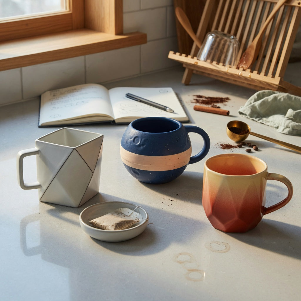 geometric coffee mug shared household product shortlist guide comparing Rhombus, Planet, and Gradient ceramic mugs on a shared kitchen counter