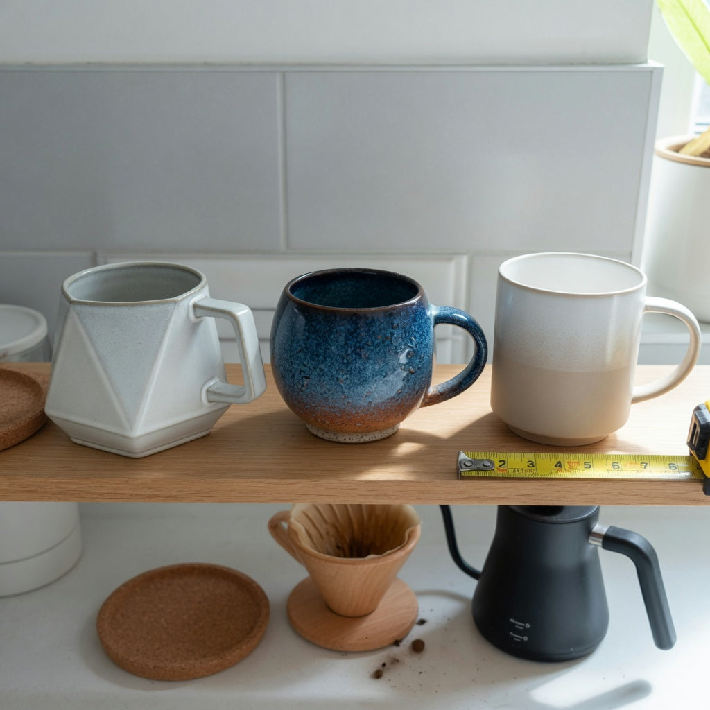 Geometric coffee mug for small coffee setup with three ceramic shapes compared on a narrow shelf