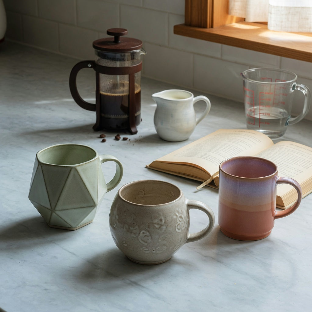 geometric coffee mug weekend coffee practical purchase checklist with Rhombus, Planet, and Gradient ceramic mugs beside a French press