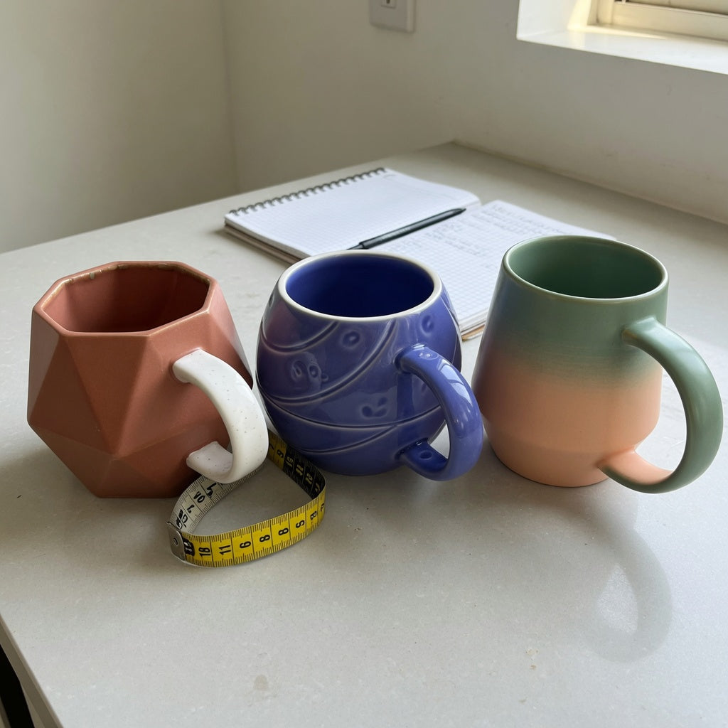 geometric coffee mug shape and handle guide comparing Rhombus, Planet, and The Gradient ceramic mugs