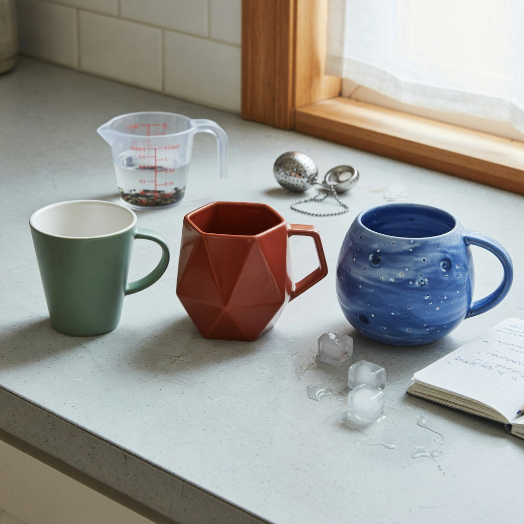 Geometric coffee mug size decision guide showing 11, 12, and 14 oz ceramic options