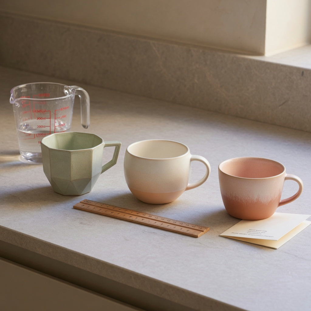 Geometric tea cup comparison with faceted, rounded, and gradient-finish reference cups beside a ruler and measuring jug