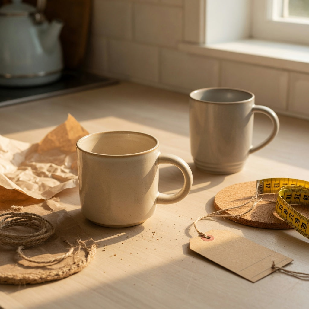 gift ball handled coffee tea mug on a kitchen counter beside wrapping paper and a measuring tape