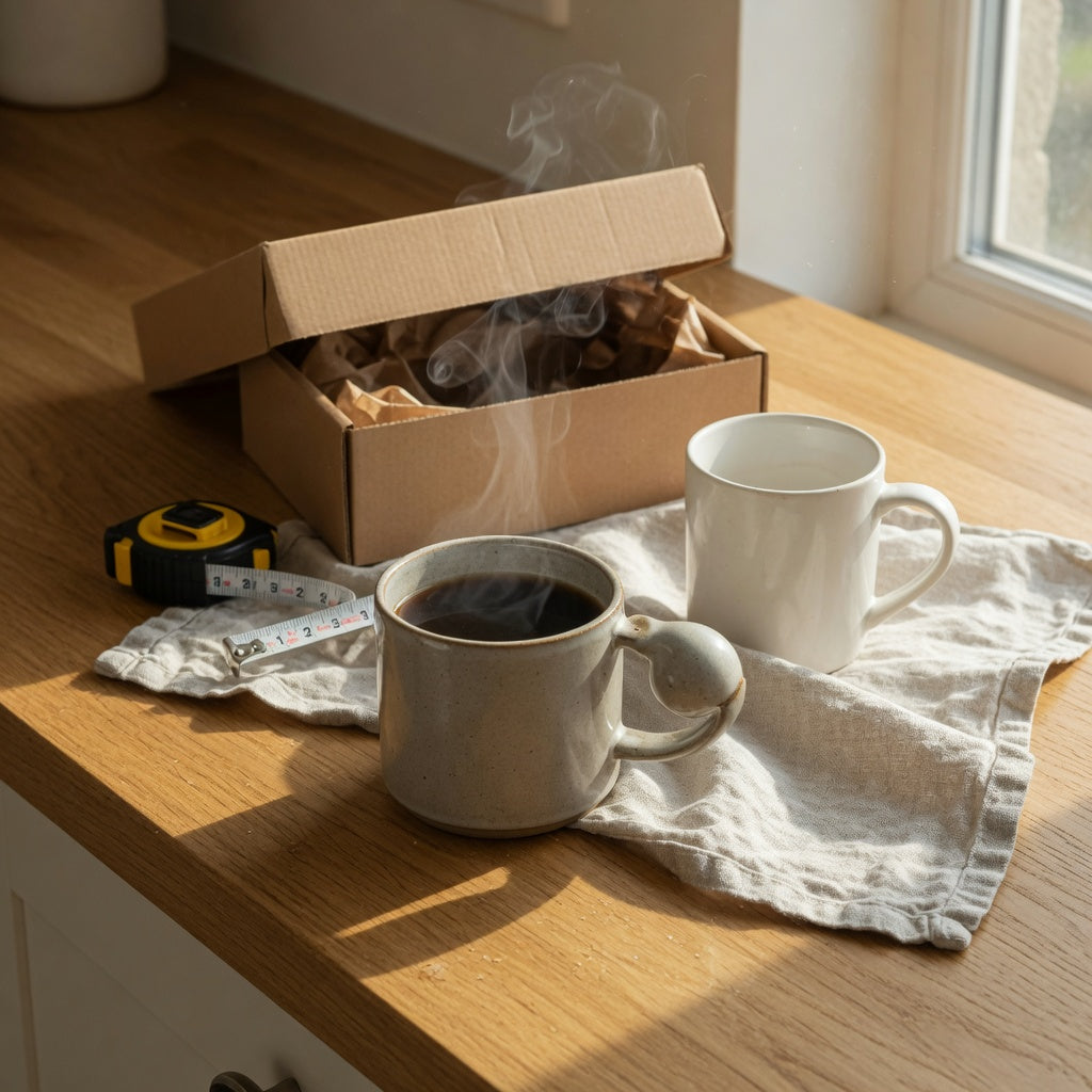 Gift ceramic mug ball handle compared with a loop-handle mug beside an open gift box