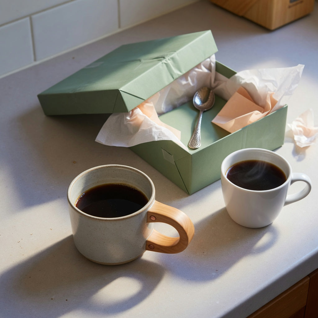gift ceramic mug wooden handle coffee tea on a kitchen counter beside an open gift box