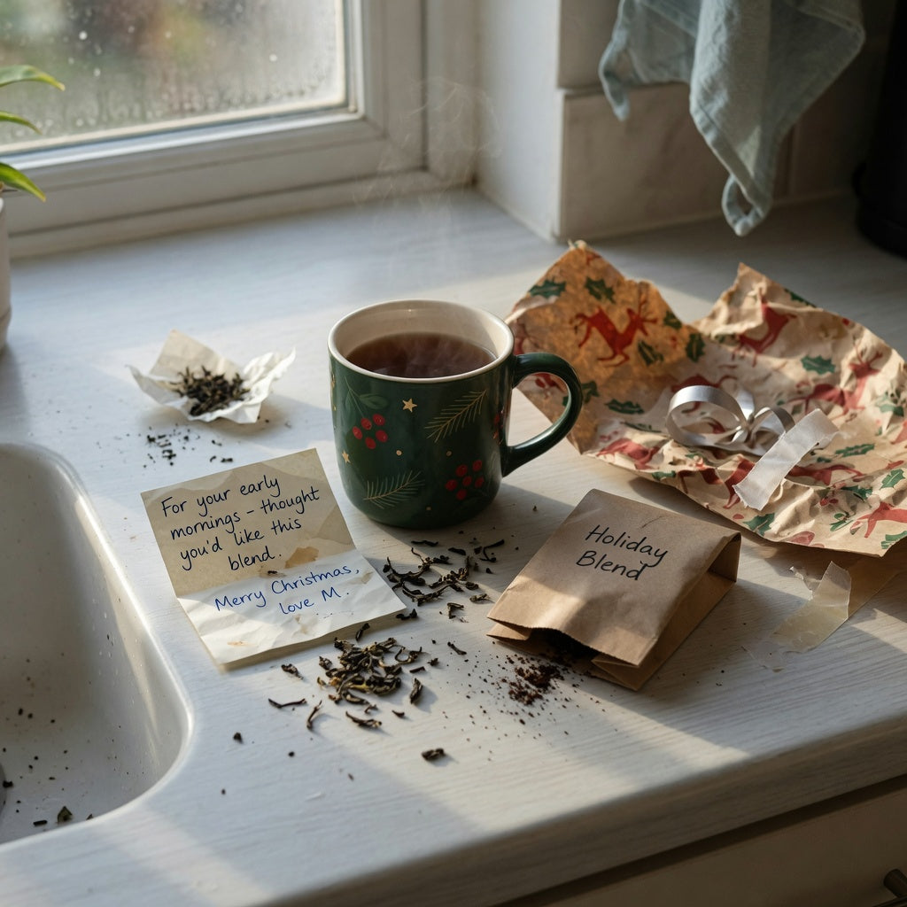 Gift checklist coffee tea mug christmas scene with a holiday mug, tea, and coffee on a kitchen counter