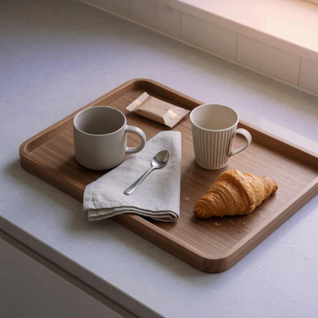 Gift coffee mug tray with round and pleated cups, a spoon, coffee packet, and pastry on a wooden serving tray