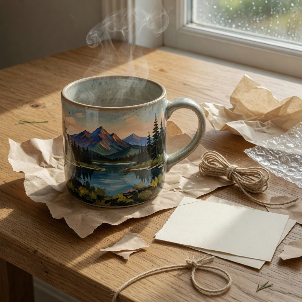 Gift landscape ceramic mug with a mountain and forest scene beside wrapping paper and a care card