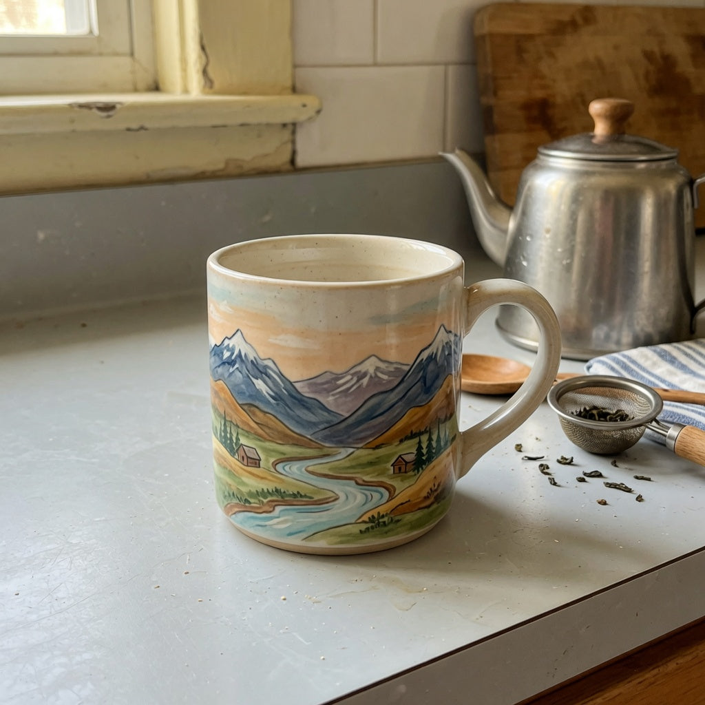A gift landscape coffee tea mug with mountain scenery on a kitchen counter