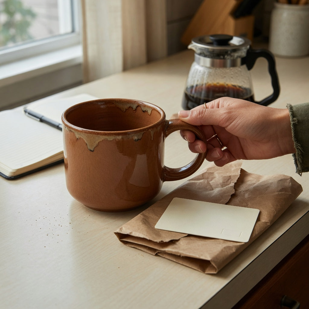 Adult hand testing a gift large ceramic coffee mug beside kraft wrapping paper on a kitchen counter
