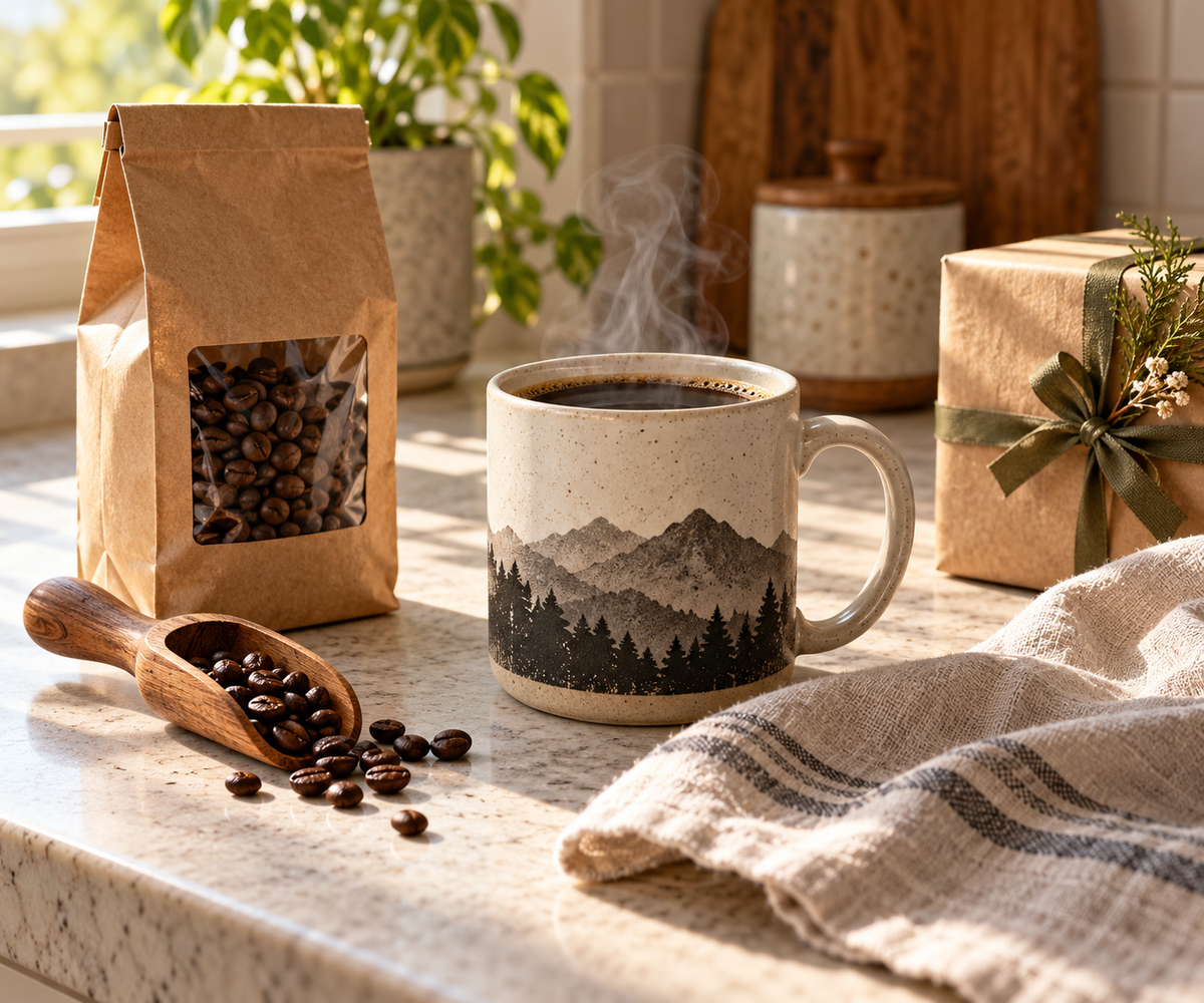 Gift mug for coffee lovers with a mountain design beside whole beans on a kitchen counter
