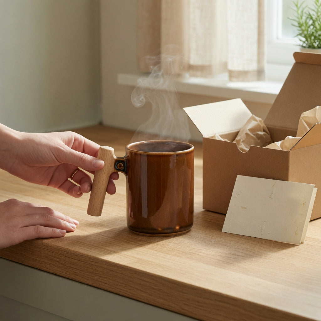 Gift mug for coffee lovers wooden handle comparison on a kitchen counter with an open gift box