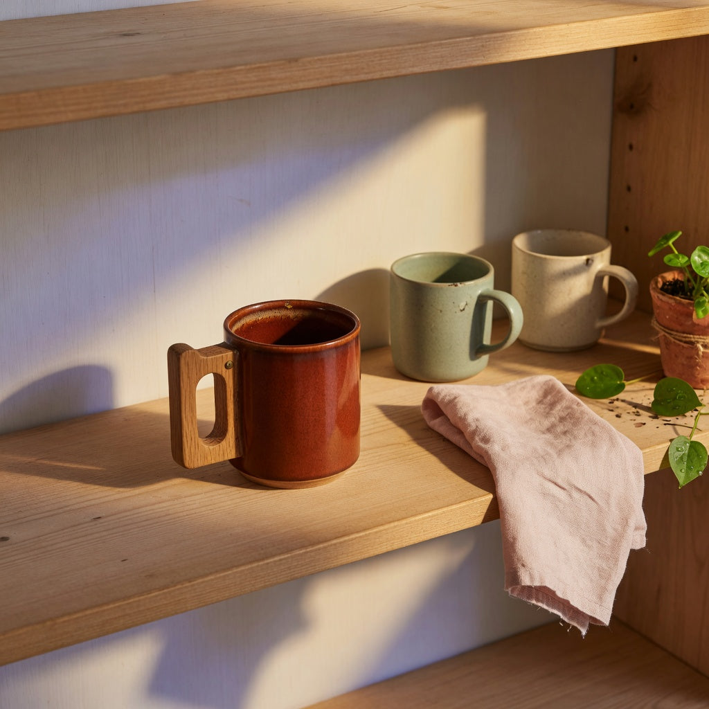 Gift mug for home decor enthusiasts shown as one focal mug on a quiet open kitchen shelf