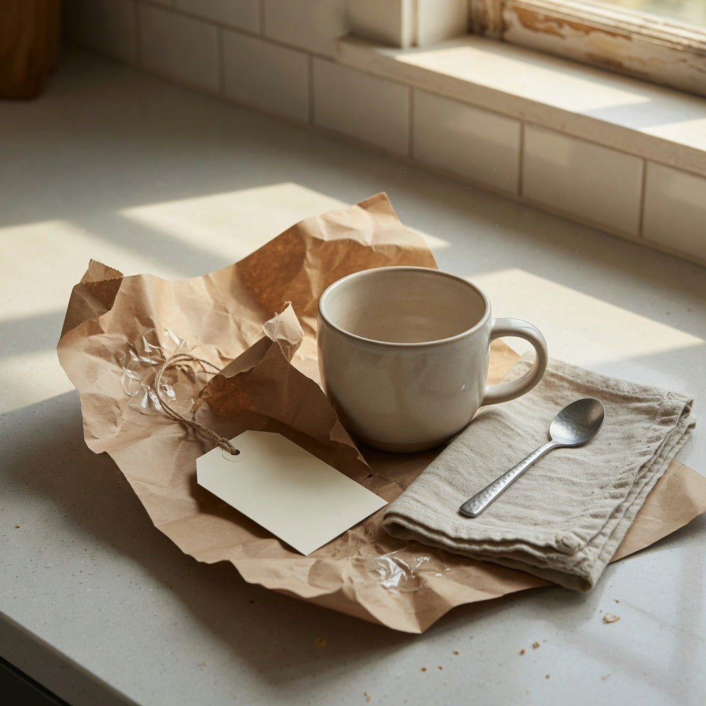 gift round ceramic coffee mug on a kitchen counter beside wrapping paper and a coffee spoon