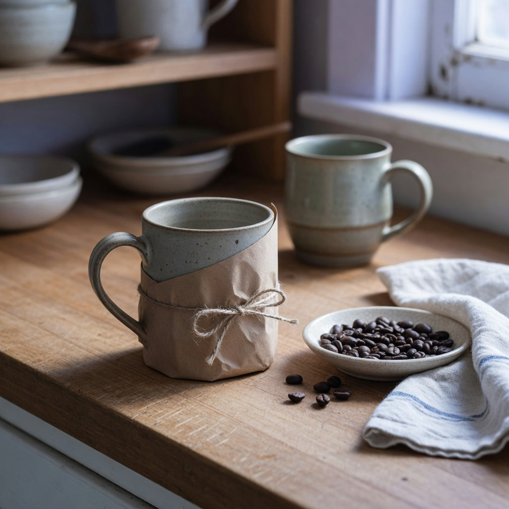 Gifts for coffee lovers ceramic mug in kraft gift wrap beside roasted coffee beans on a wooden kitchen counter