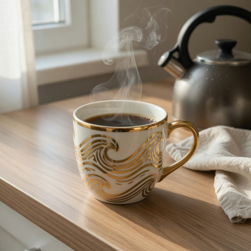 Golden waves ceramic coffee mug with a gold wave pattern and rim on a kitchen counter beside a stovetop kettle