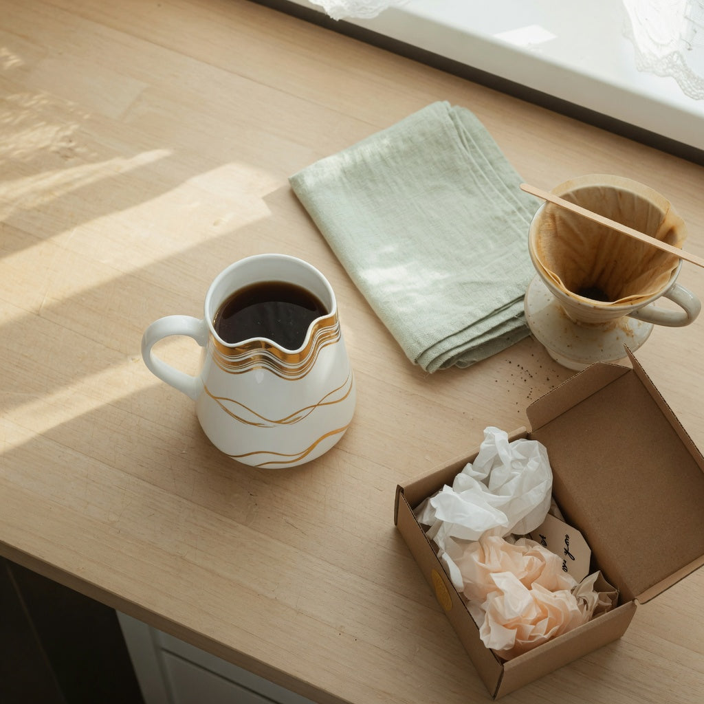 Golden waves ceramic mug gift with gold wave accents on a kitchen counter beside a wrapped gift box and a pour-over dripper.