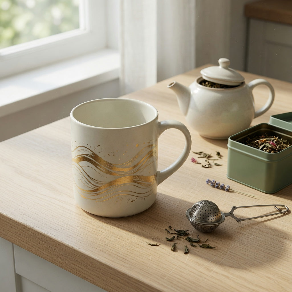 golden waves ceramic tea mug gift with loose-leaf tea and an infuser on a bright kitchen counter