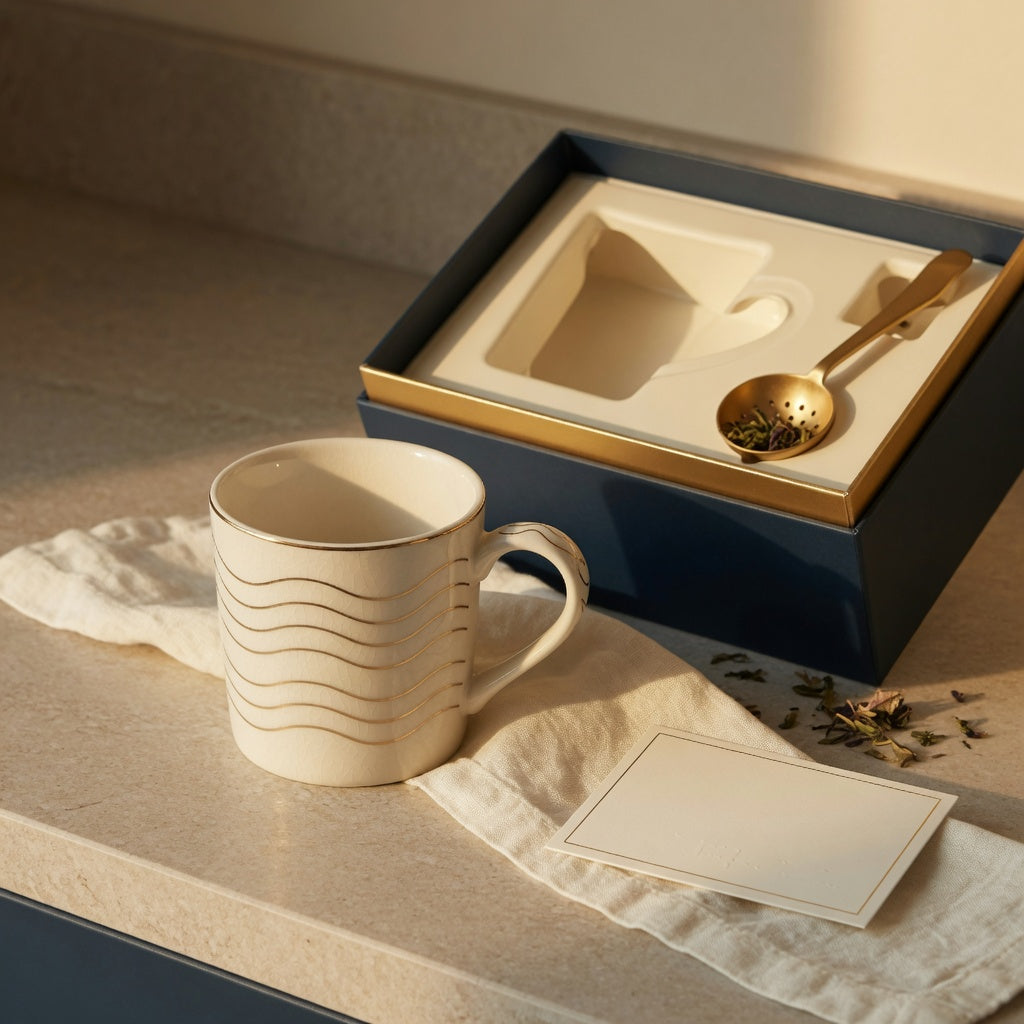 Golden waves ceramic tea mug gift beside an open box and loose-leaf tea on a kitchen counter