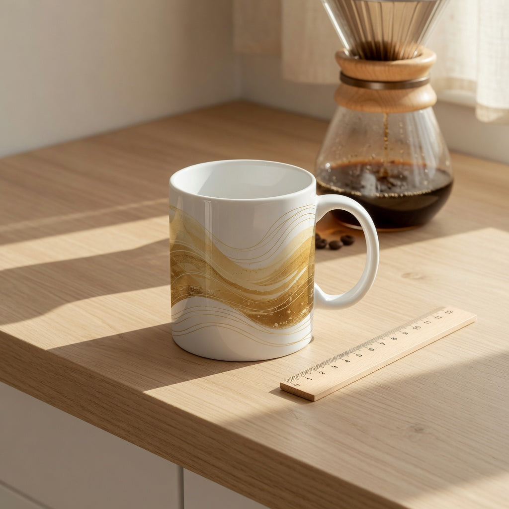 golden waves coffee mug tall beside a ruler on a kitchen counter