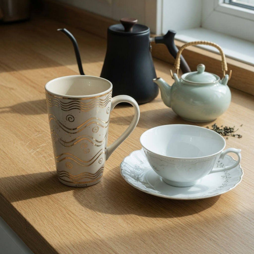 Golden waves coffee mug vs tea mug difference shown side by side: a gold wave-decorated coffee mug next to a wide shallow tea cup and saucer on a kitchen counter