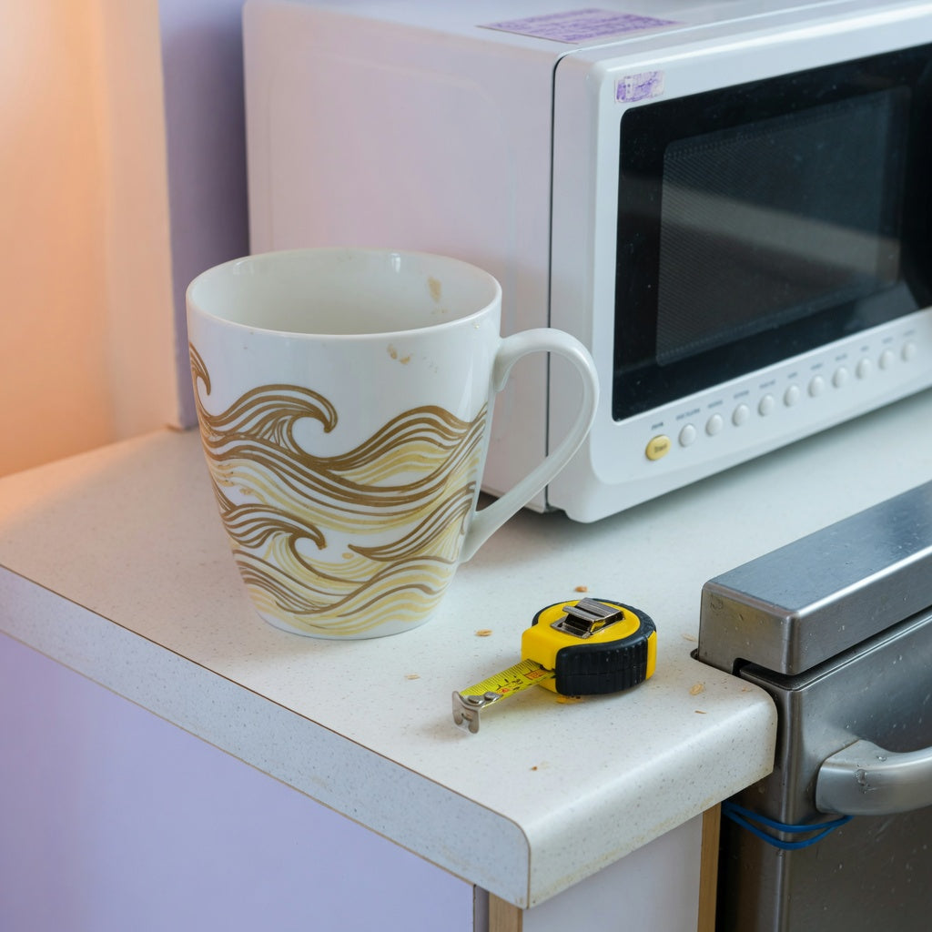 Golden Waves coffee mug white large ceramic on a kitchen counter beside a microwave and a tape measure