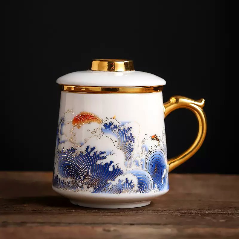 coffee mug gift idea morning routine practical purchase checklist beside wave, crane, and mountain-sea mugs with 400, 440, and 480 ml notes