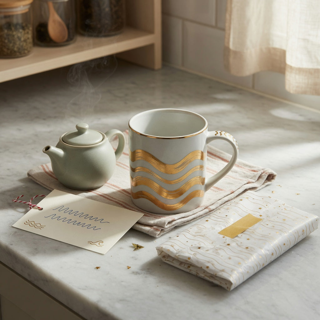 Golden waves kio coffee tea mug gift ideas displayed on a home coffee bar with tea and simple gift wrapping
