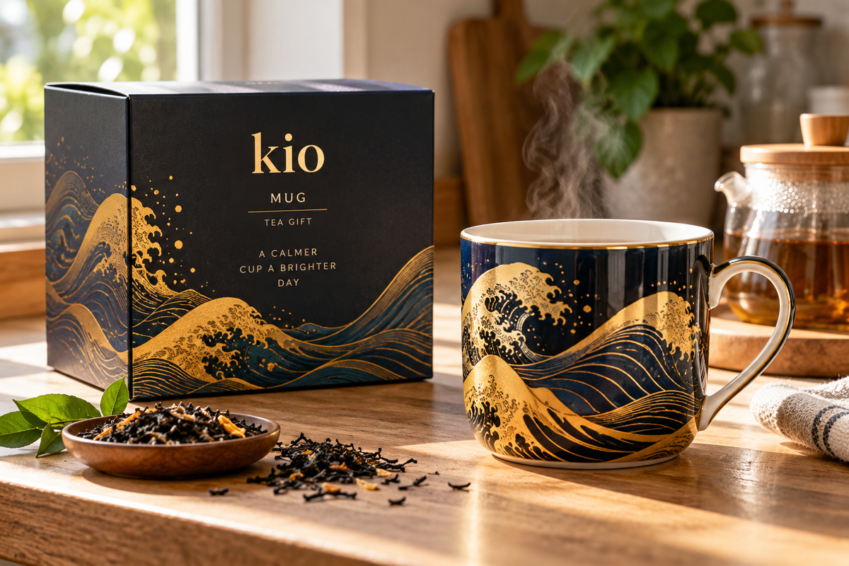 Golden waves kio mug tea gift with decorative golden wave patterns