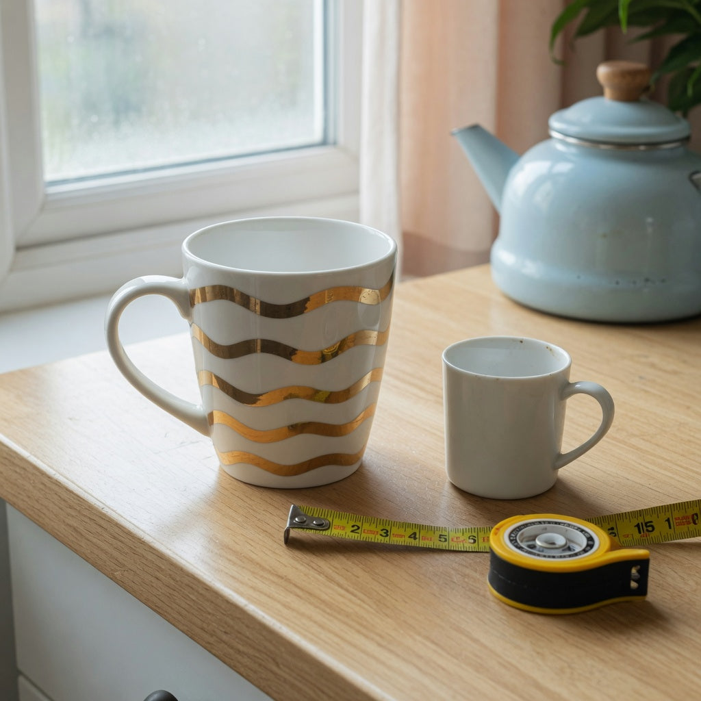 A golden waves mug ceramic large beside a measuring tape, kettle, and plain office mug for comparison