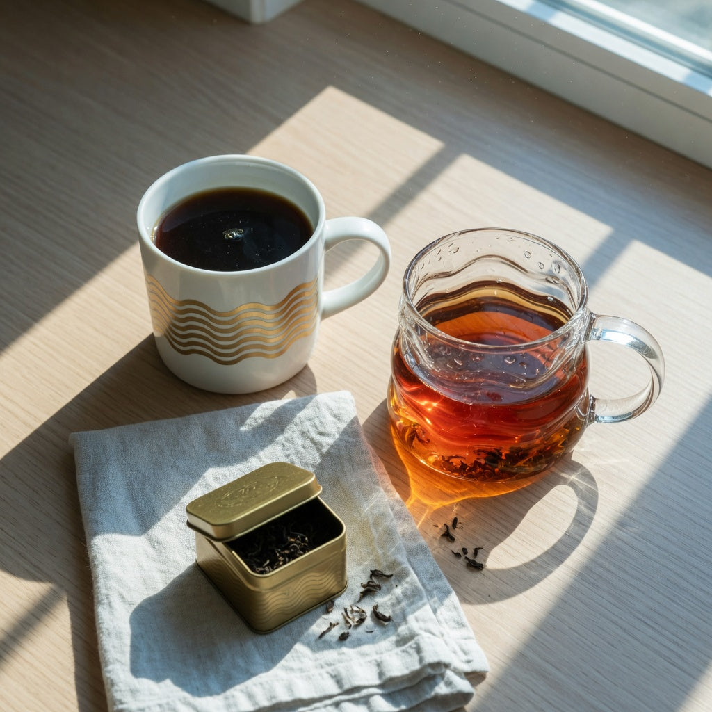 Golden waves mug comparison coffee tea setup: a gold wave ceramic mug of coffee beside a clear glass wave mug of tea on a sunlit kitchen counter