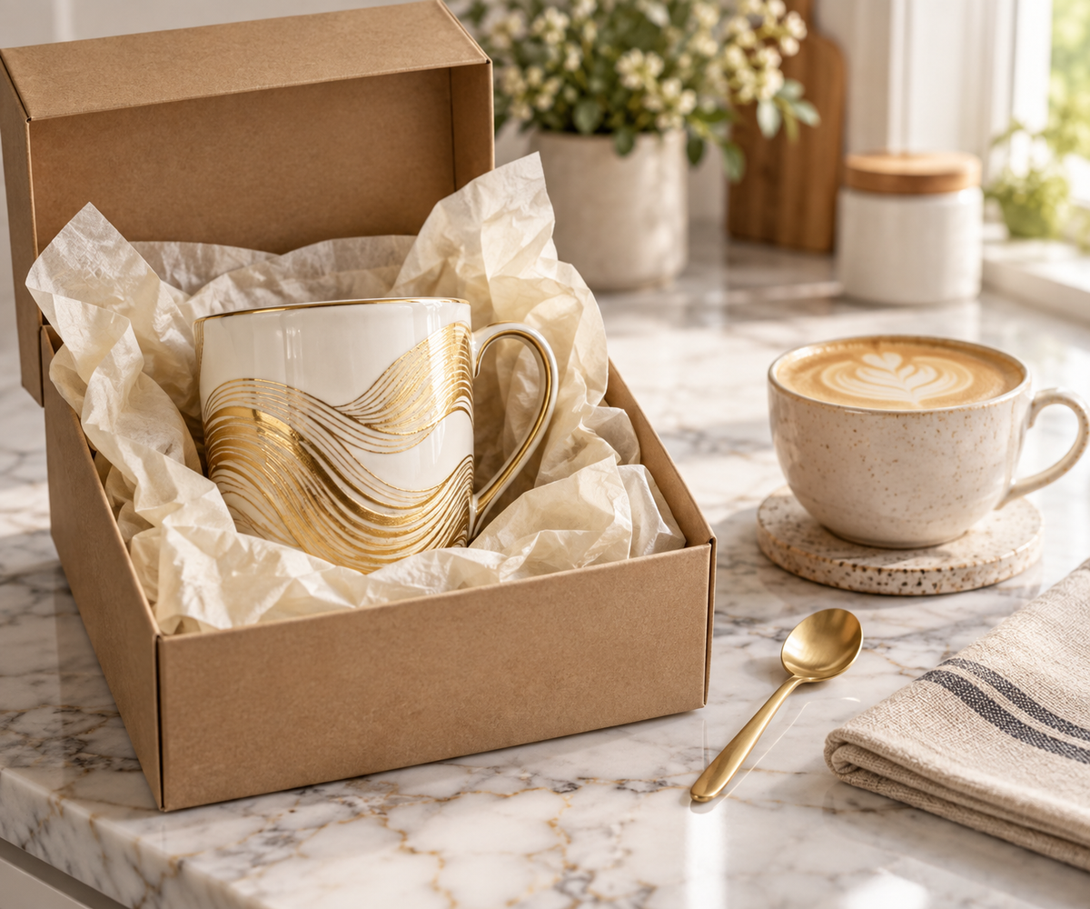 Golden waves mug gift in an open kraft box beside a fresh latte on a marble kitchen counter